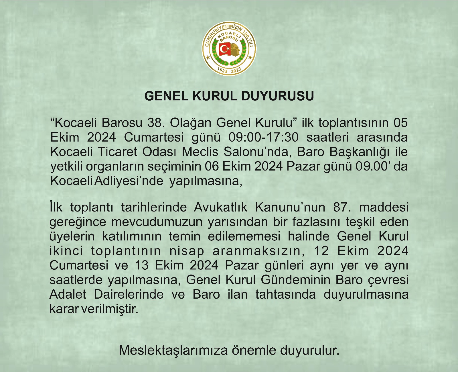 KOCAELİ BAROSU 38 OLAĞAN GENEL KURULU 