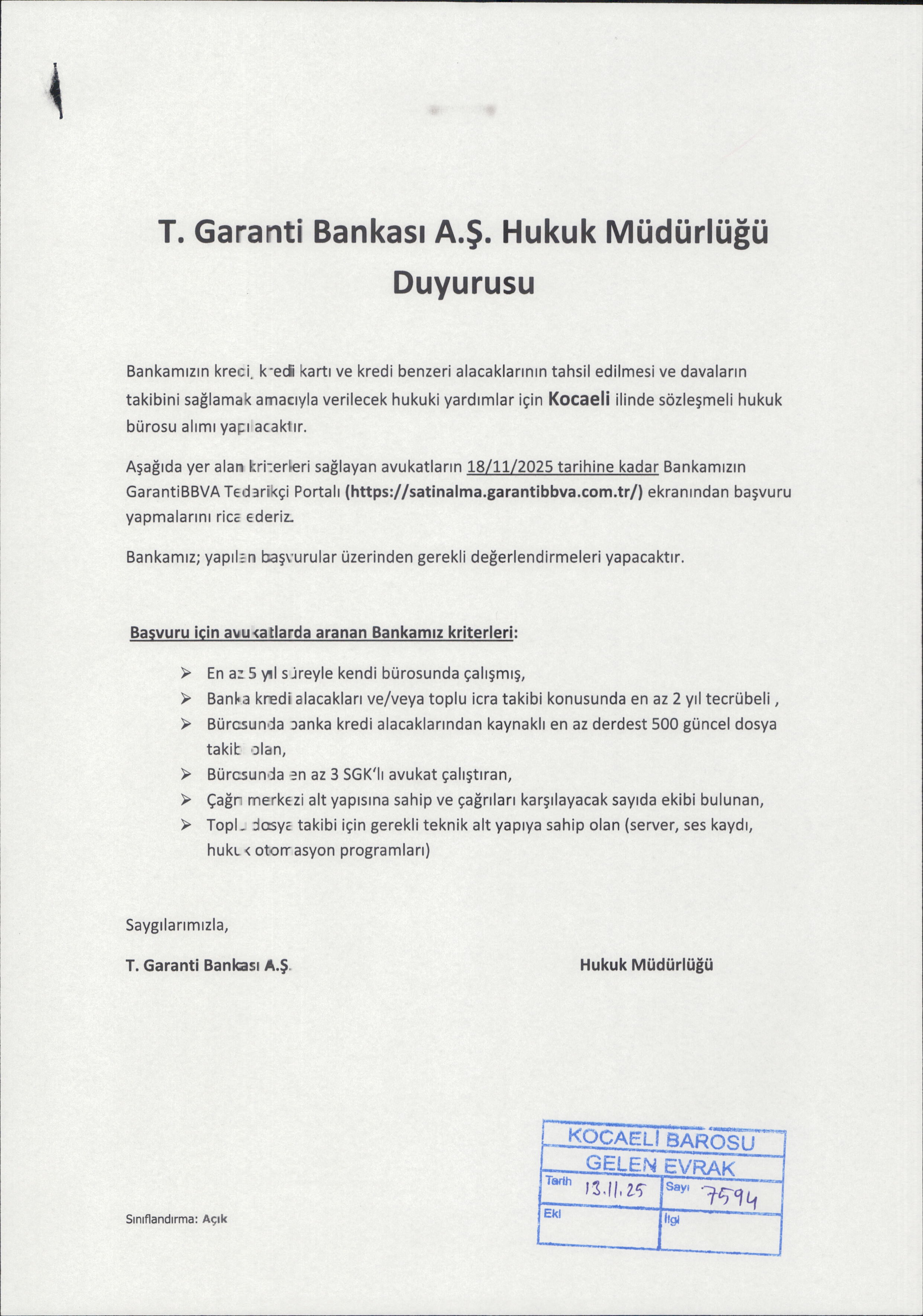 GARANTİ BANKASI HUKUK MÜDÜRLÜĞÜ DUYURUSU