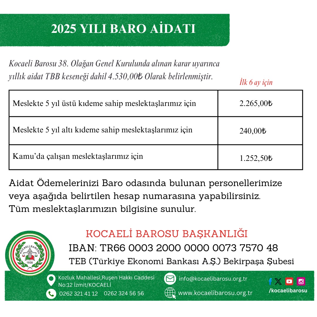 2025 YILI AİDAT BİLGİLERİ